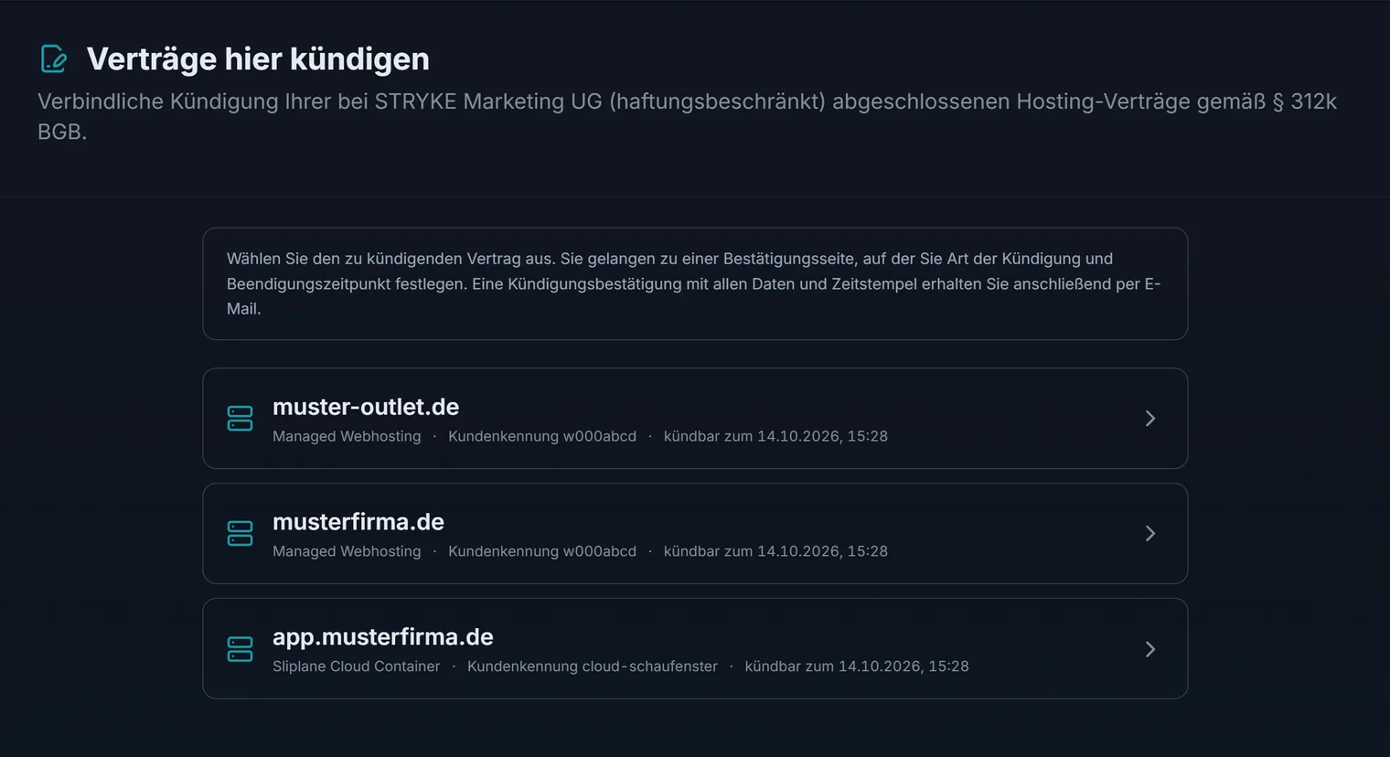 Die Kündigungsseite mit allen laufenden Verträgen