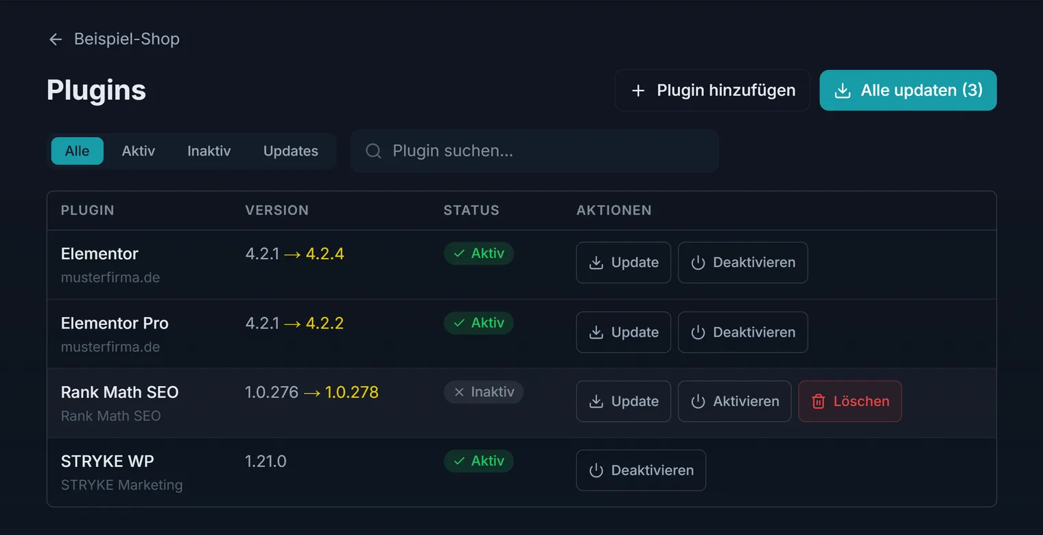 Die Plugin-Liste einer Website im Hub