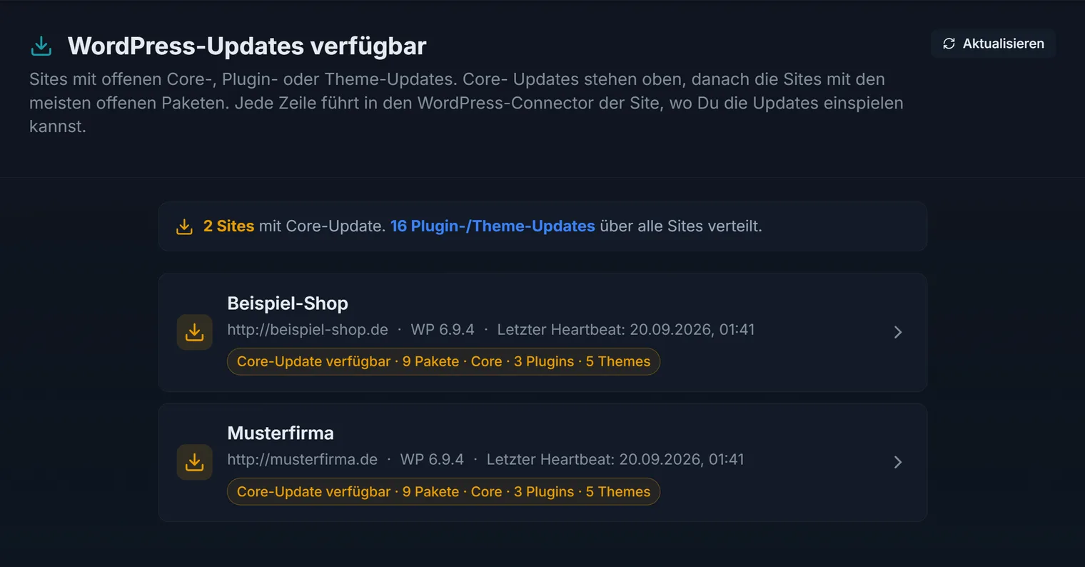 Die Update-Übersicht über alle Seiten